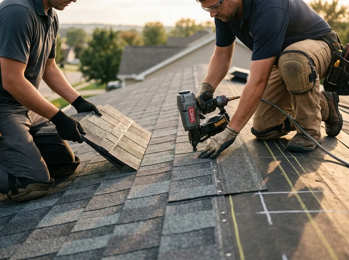 Professional roofer working on a residential roof in Toledo